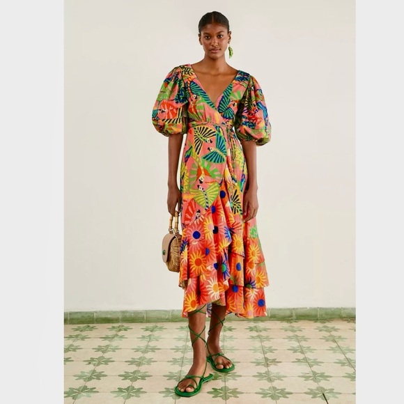 NWT - FARM Rio Coral Mixed Graphic Macaws Puff Sleeve Midi Dress / Size S - Picture 4 of 15